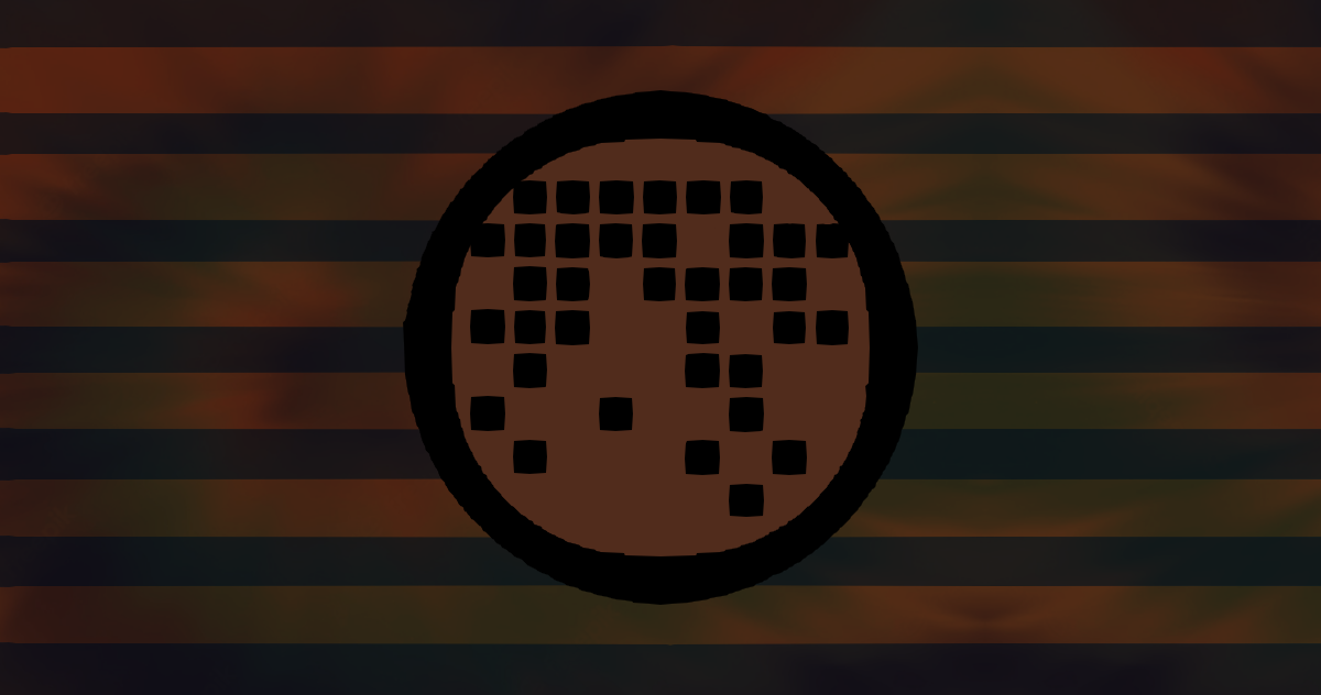 A brown flag with 7 black horizontal stripes and a tie-dye pattern. There is a black circle with a grid pattern of black squares in it in the center of the flag.
